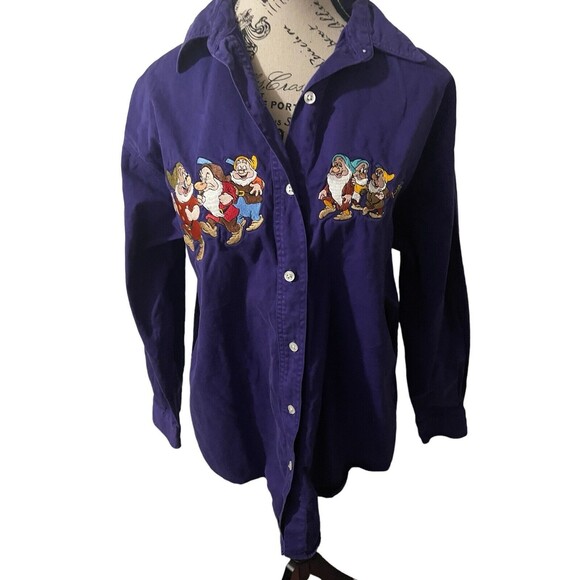 Vintage 90s Disney Store Women’s Purple Button Up Long Sleeve 7 Dwarfs Sz Large - Picture 12 of 16